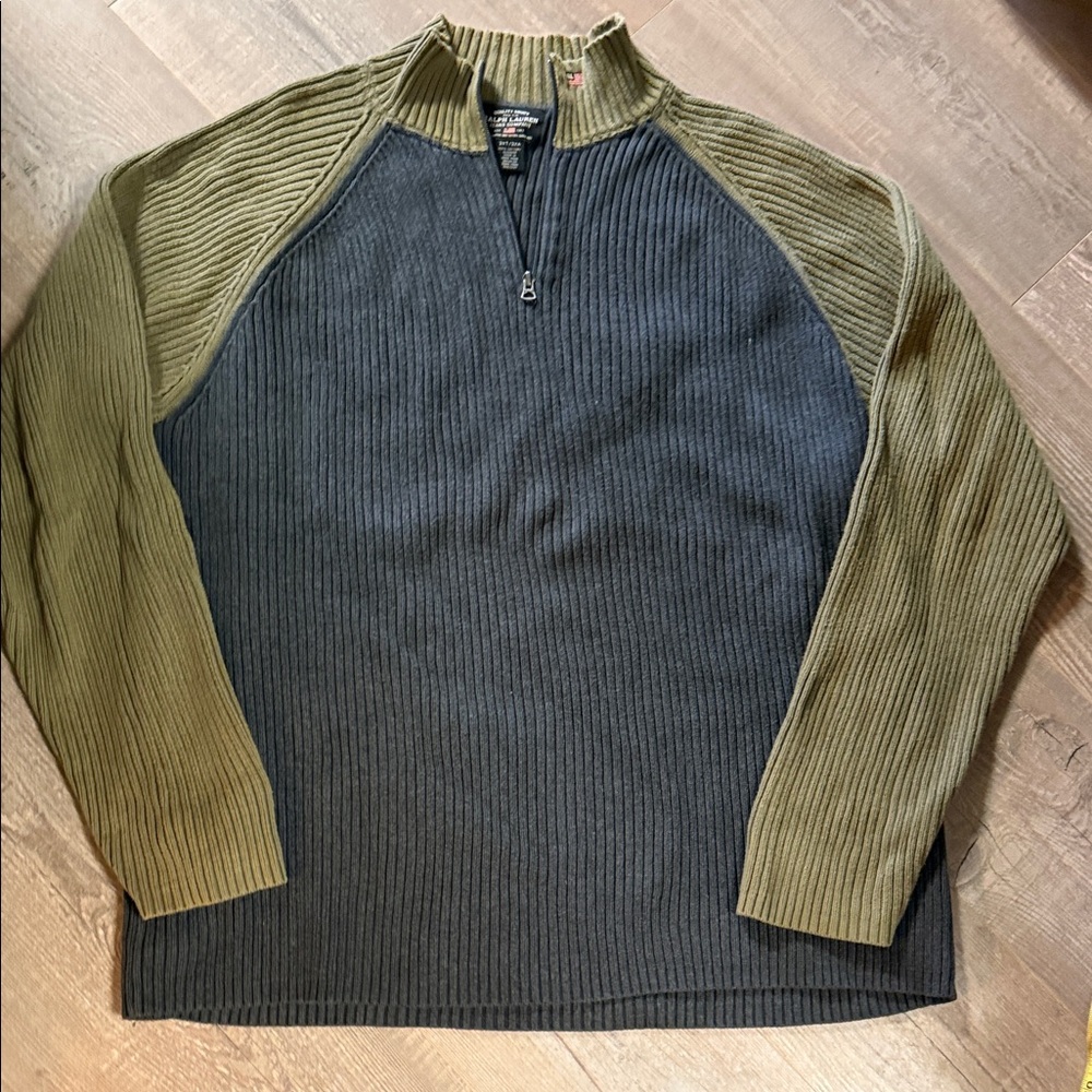 Ralph Lauren Men's Green and Charcoal 1/4 Zip-Up Neck Sweater Cotton Flag Logo